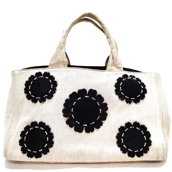 PRADA Canapa Tote Bag White Canvas Floral Large Purse - Picture 1 of 1
